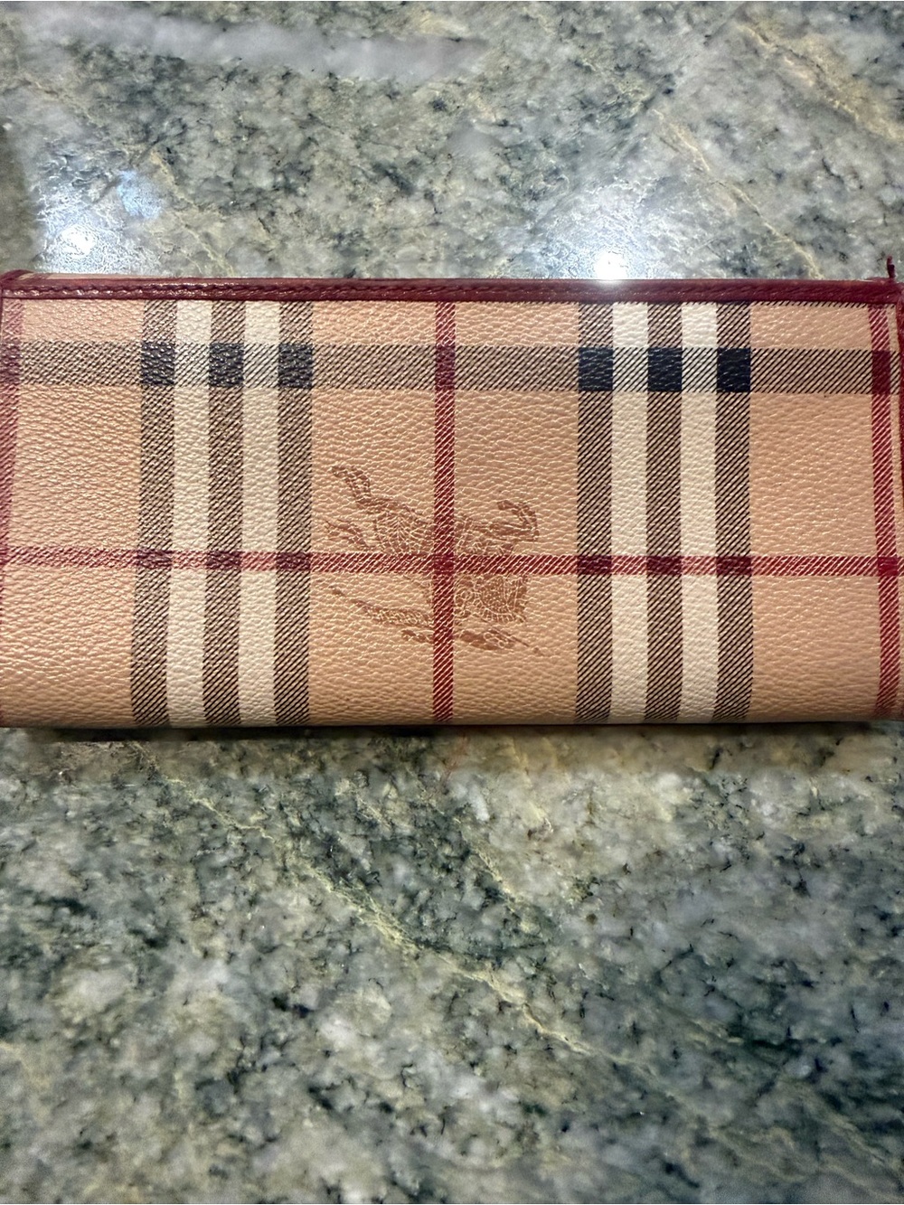 Burberry Beige Tan Check Leather Continental Wallet with Red Trim